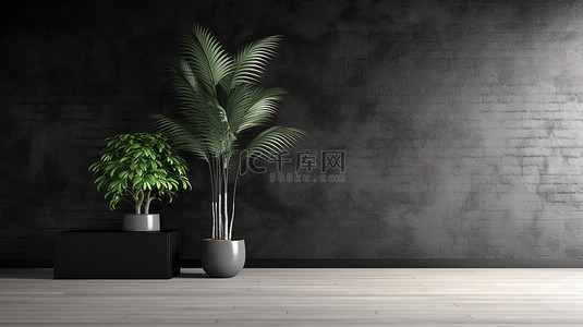 空荡荡的办公室或家里的黑砖墙和植物的当代极简主义 3D 渲染