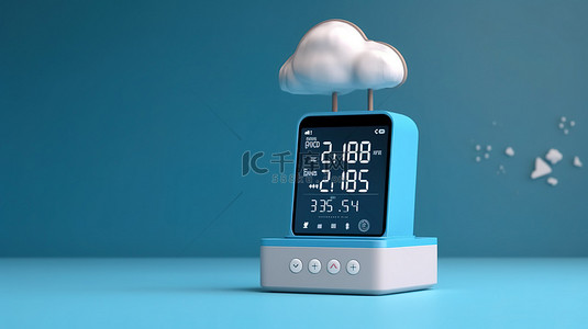 时尚的家庭气象站，具有无线连接和移动设备上的实时天气显示，蓝色背景上的 3D 渲染