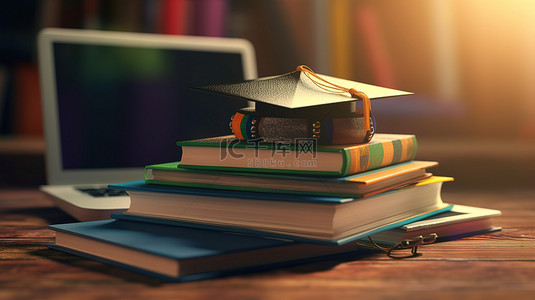 培训教背景图片_3D 毕业帽中的电子学习和书籍放在笔记本电脑上