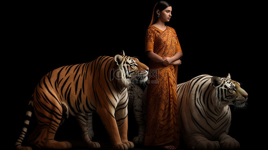 摆物背景背景图片_一个令人惊叹的 3D 插图，描绘了一个女人在带有剪裁路径的黑暗背景下与孟加拉虎一起摆出姿势