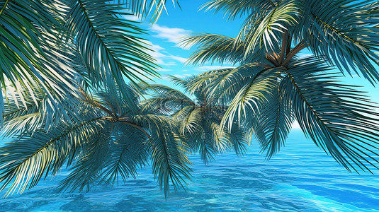 蓝色海洋上方的热带宁静 3D 棕榈树叶