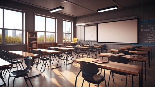现代教室的 3D 渲染，配有时尚的书桌舒适的椅子引人注目的黑板手表和景深效果