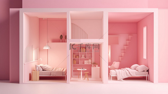 粉红色背景 3D 室内渲染宽敞的两卧室公寓，配有空纸模型