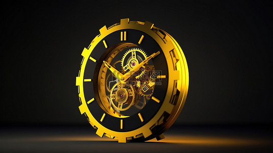现代时钟设计，具有 3D 渲染黄色前视图和时尚背景上的标志性符号