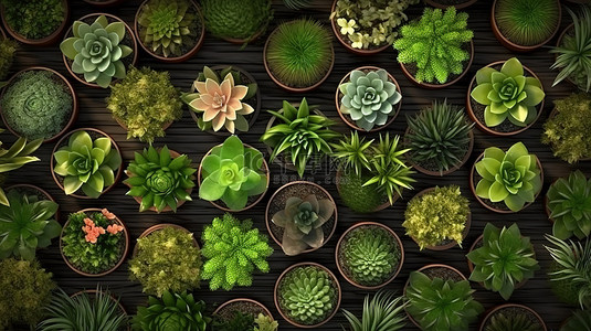 植物集合背景图片_顶视图照片背景展示 3D 渲染盆栽植物收藏