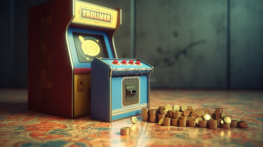 益智游戏背景图片_复古街机视频游戏场景中物品盒和硬币的 3D 渲染插图