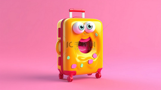 3D 渲染一个可爱的甜甜圈吉祥物，带有粉色釉料和橙色旅行箱，背景为鲜艳的黄色