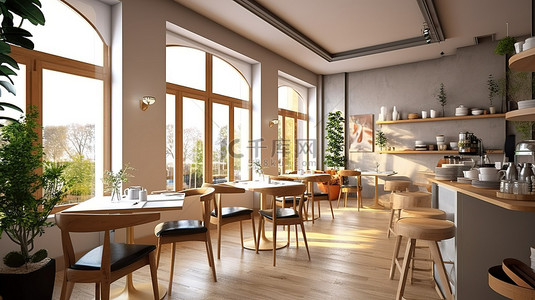 咖啡馆或餐厅内部的 3D 视觉效果