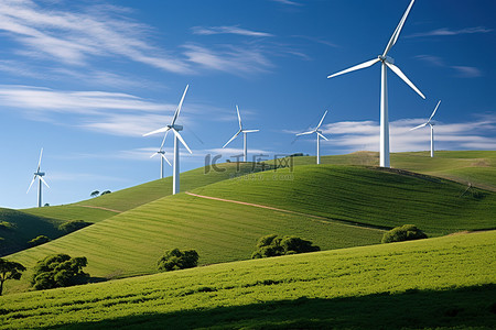山上风车的照片，背景是草和蓝天