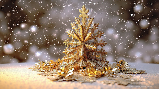 金色和白色的 3D 雪花装饰着带有优雅圣诞树的新年贺卡
