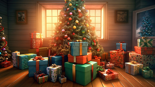 装饰天空背景图片_3d 渲染的圣诞礼物坐落在节日树下