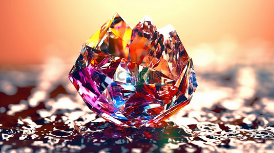 彩色钻石的软聚焦 3D 渲染，具有各种颜色的液体飞溅