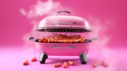 粉红色背景上的烟熏烤架和 3D 渲染的香肠
