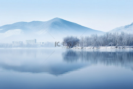 蓝色的雪花背景图片_被雪和山包围的湖，一侧有水