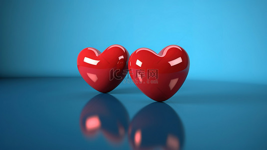 情人节 3d 插图在宁静的蓝色背景上充满活力的红心
