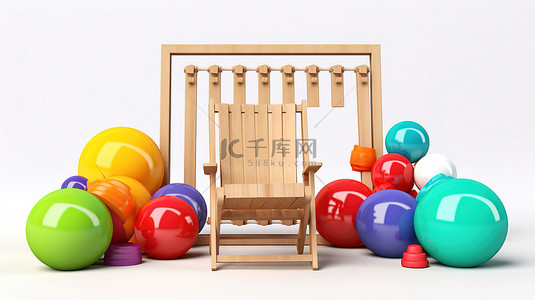 海滩木板背景图片_海滩主题木板，带有彩色沙滩椅救生圈和白色背景 3D 渲染中的球