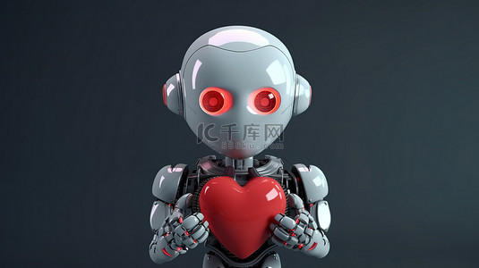 可爱的 ai 机器人，在 3d 渲染图像中具有充满活力的机器人心脏