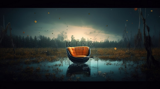 双11悬浮框背景图片_3D 渲染的椅子悬浮在黑暗的自然场景中