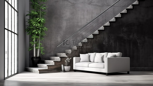 大堂靠近二楼楼梯的现代沙发的现代舒适 3D 渲染