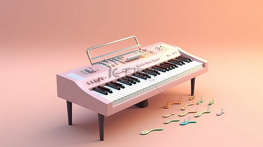柔和背景的 3D 渲染，音乐键音符围绕电钢琴键盘