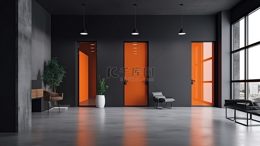 灰色墙壁和橙色装饰的房间入口令人惊叹的现代豪华家居内饰 3D 渲染