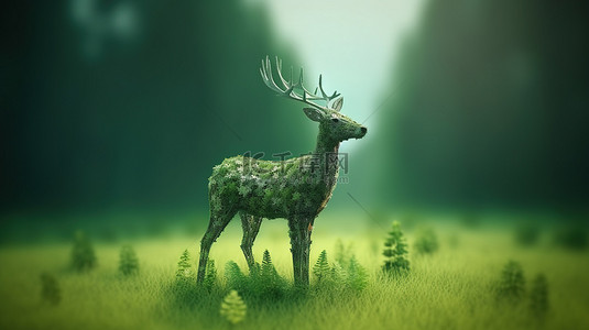 地球日绿色背景图片_在生态友好的地球日场景中，鹿在绿草上吃草的 3D 渲染