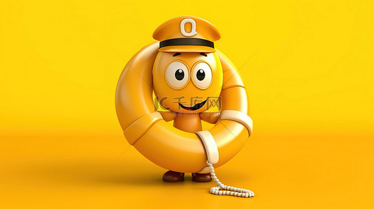 黄色背景的 3D 渲染，带有救生圈的金色忠诚计划奖金硬币和人物吉祥物