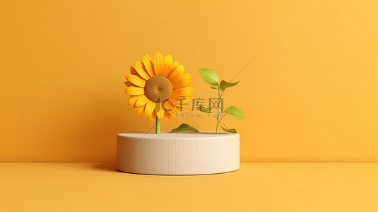 逼真的 3D 简约展览讲台与向日葵