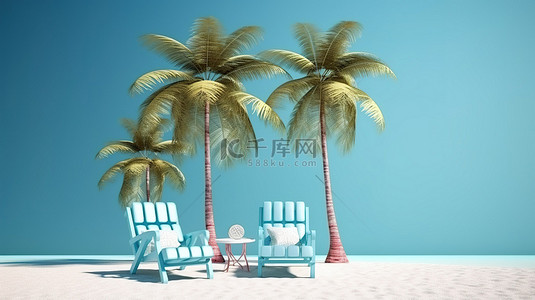 度假太阳伞背景图片_轻松的夏季度假 3D 插图海滩躺椅和棕榈树与复制空间