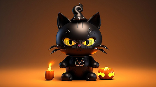 可爱的 3D 万圣节黑猫角色，具有可爱的卡哇伊风格