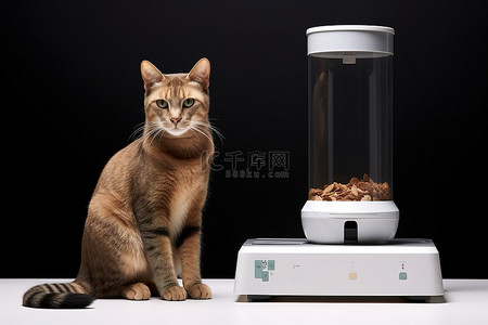 一只猫坐在猫粮分配器旁边