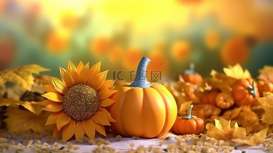 南瓜独轮车背景图片_向日葵和南瓜 3D 渲染营造迷人的秋季背景