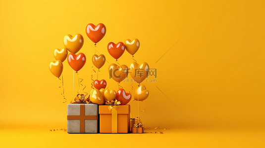 爱在空气中 3D 渲染黄色背景，配有心形气球和情人节礼品盒