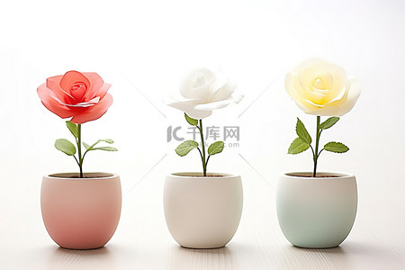 白色花盆背景图片_两个白色花盆上的三片彩色花瓣