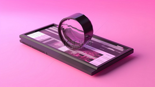 最小的粉红色背景，带有 3d 渲染的视频播放器界面和代表互联网数据和浏览的搜索栏