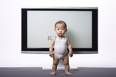 一个婴儿站在空黑屏显示器旁边