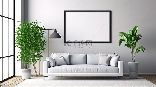 强调词汇背景图片_当代生活灰色沙发咖啡桌和热带植物强调空水平相框 3D 渲染