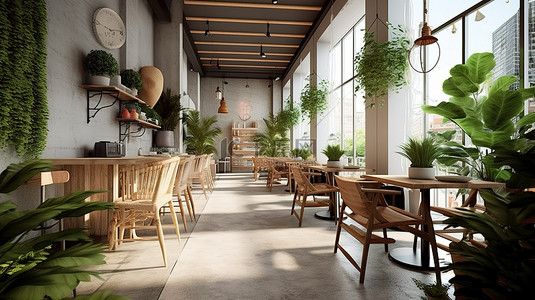 休息区温馨提示背景图片_装饰性咖啡店半户外休息区的 3D 插图