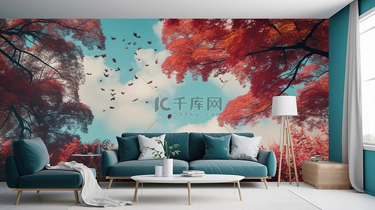 蓝色和绿松石色 3D 墙艺术红叶树云和羽毛