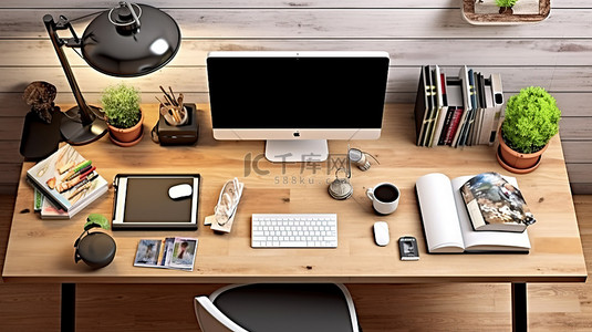 现代家庭办公室设置，以 3D 渲染的木桌上配有电脑和文具