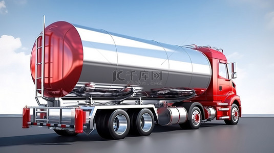大型红色背景图片_3D 插图展示了从多个角度连接到大型红色油罐车的抛光金属拖车