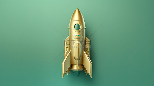 火箭符号在充满活力的绿色背景下发光的金色图标