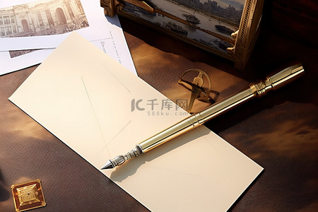 金色的钢笔背景图片_桌上的金色开信刀和照片