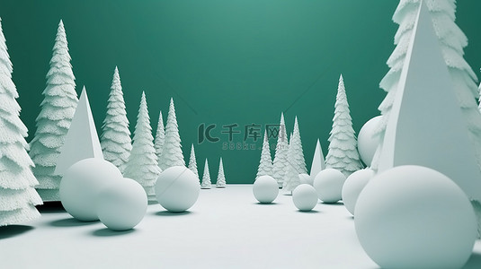 简约的绿色圣诞树和白雪 3d 渲染背景模型