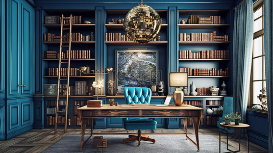 书房办公室背景图片_令人惊叹的传统家庭办公室 3D 渲染，蓝色墙壁点缀着丰富的木质办公桌和书柜