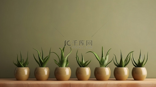 陶罐中芦荟的水平横幅，3D 渲染中郁郁葱葱的绿叶