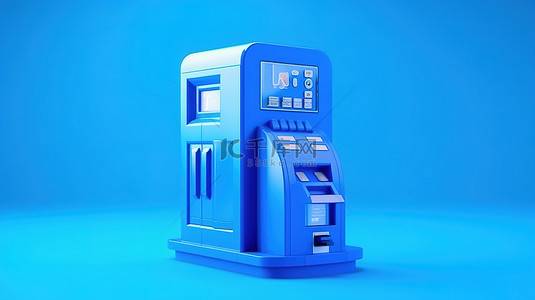 3D 渲染卡通风格蓝色 atm 存款机，用于双色调商业技术概念