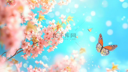 樱花蓝天背景图片_粉红色樱花和飞翔的蝴蝶图片