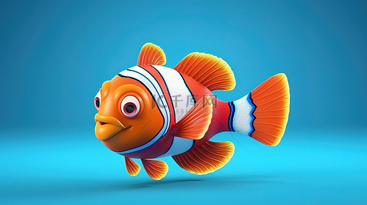 海洋生物蓝色背景图片_蓝色背景下红海的 3D 渲染卡通小丑鱼