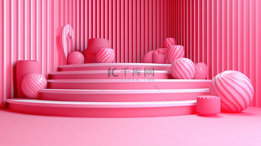 充满活力的粉红色背景与 3D 条纹舞台非常适合情人节期间的商业广告和营销